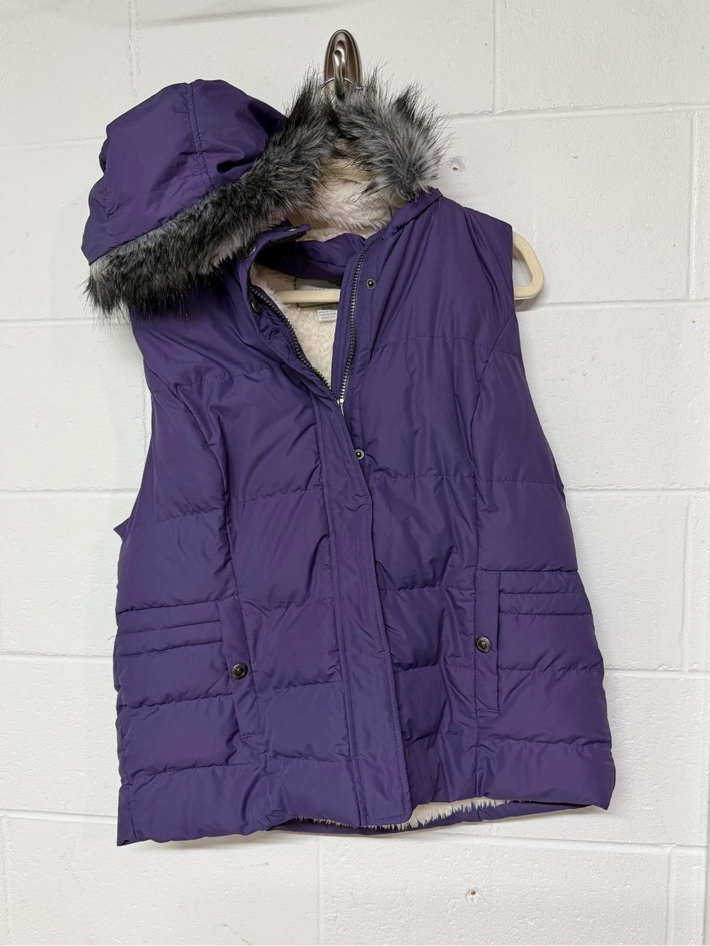 GreenTea Purple Quilted Hooded Puffer Vest with Faux Fur Trim